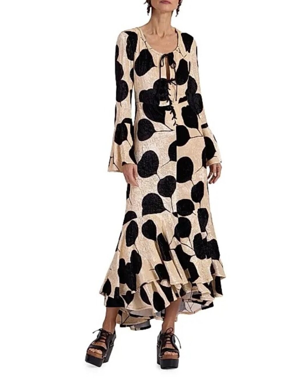 NWT La DoubleJ Lace Up Ruffle Cocteau Velvet Maxi Dress Neutrals Womens Size XS